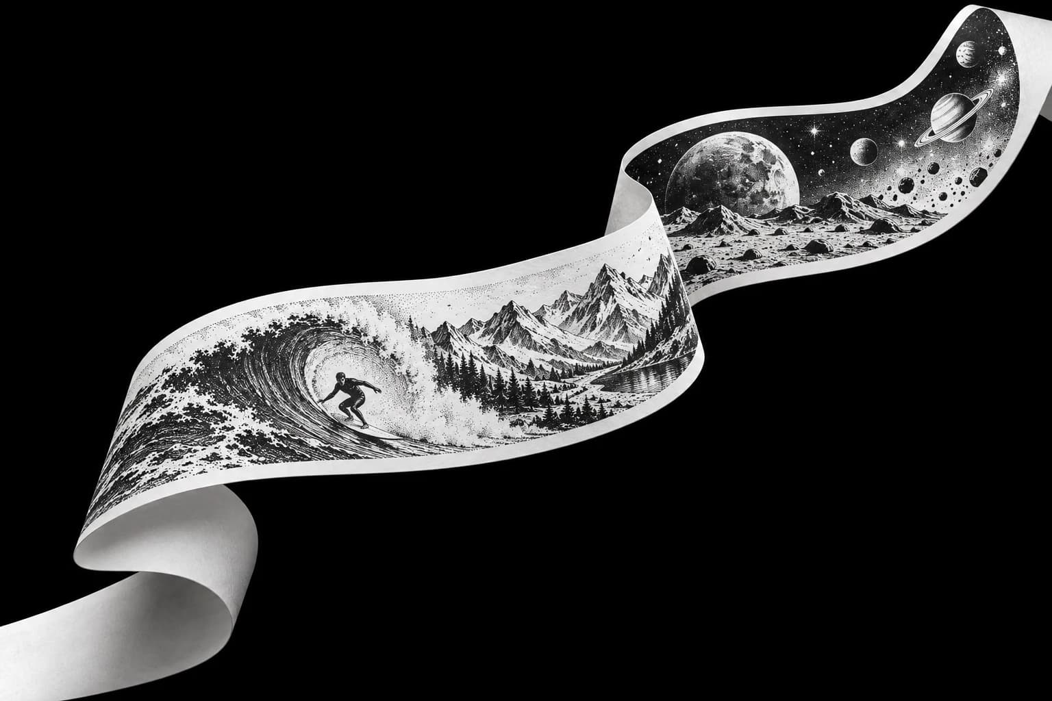 Concept artwork of a monochrome paper ribbon becoming an imaginary landscape